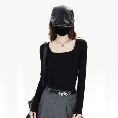 黑色方领长袖T恤女2025春