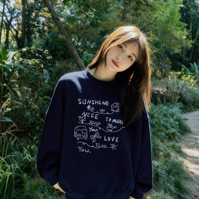 藏青色纯棉休闲上衣女加