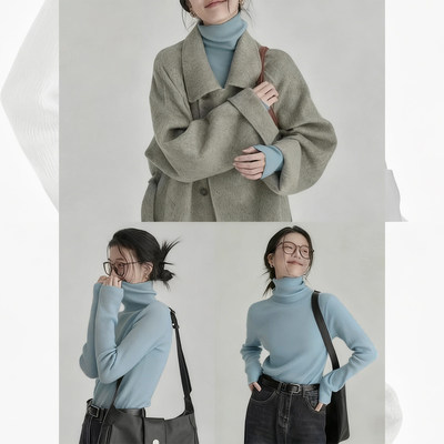 蓝色高领针织衫毛衣女202