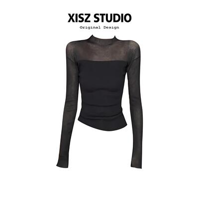 气质辣妹微透拼接立领长