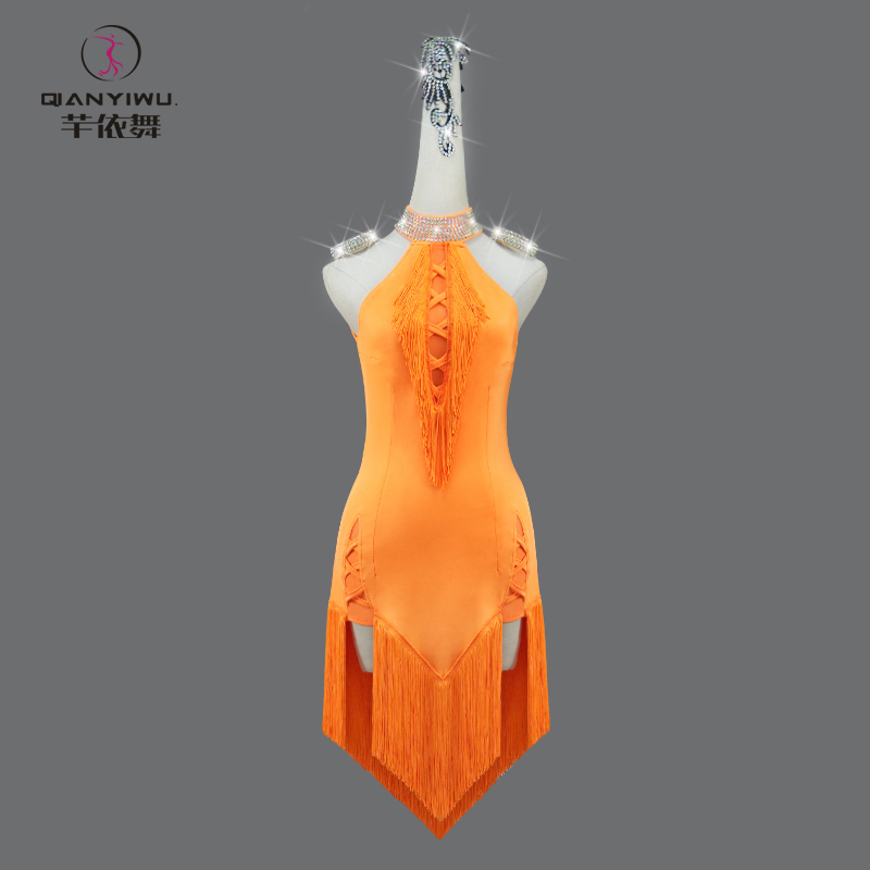 芊依舞专业橙色拉丁舞比赛服装