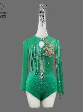 2025专业绿色拉丁舞比赛服装贴花舞蹈连衣裙花服solo钢管高级黑池