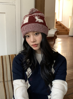 日系复古费尔岛风提花毛线帽女