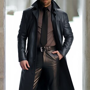 2024跨境新款男式翻领纯色风衣皮革长款PU皮COSPLAY服ZT41-特P75图片