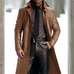 2024跨境新款男式翻领纯色风衣皮革长款PU皮COSPLAY服ZT41-特P75图片