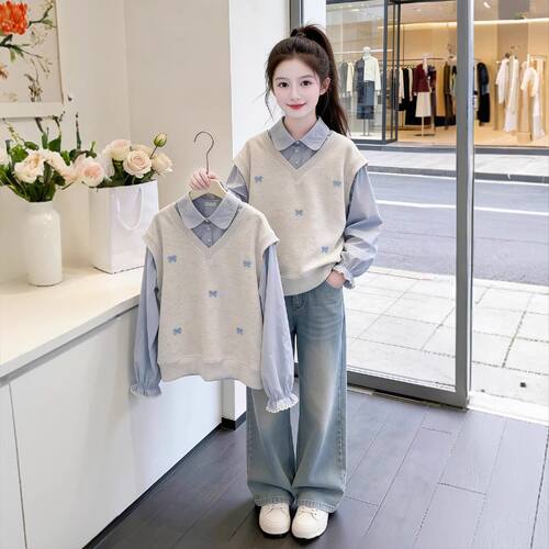 女童假两件卫衣春季时髦POLO衫