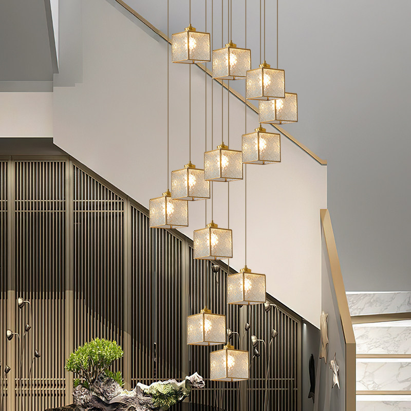 全铜新中式民宿楼梯吊灯方形创意个性自建房别墅艺术loft复式吊灯