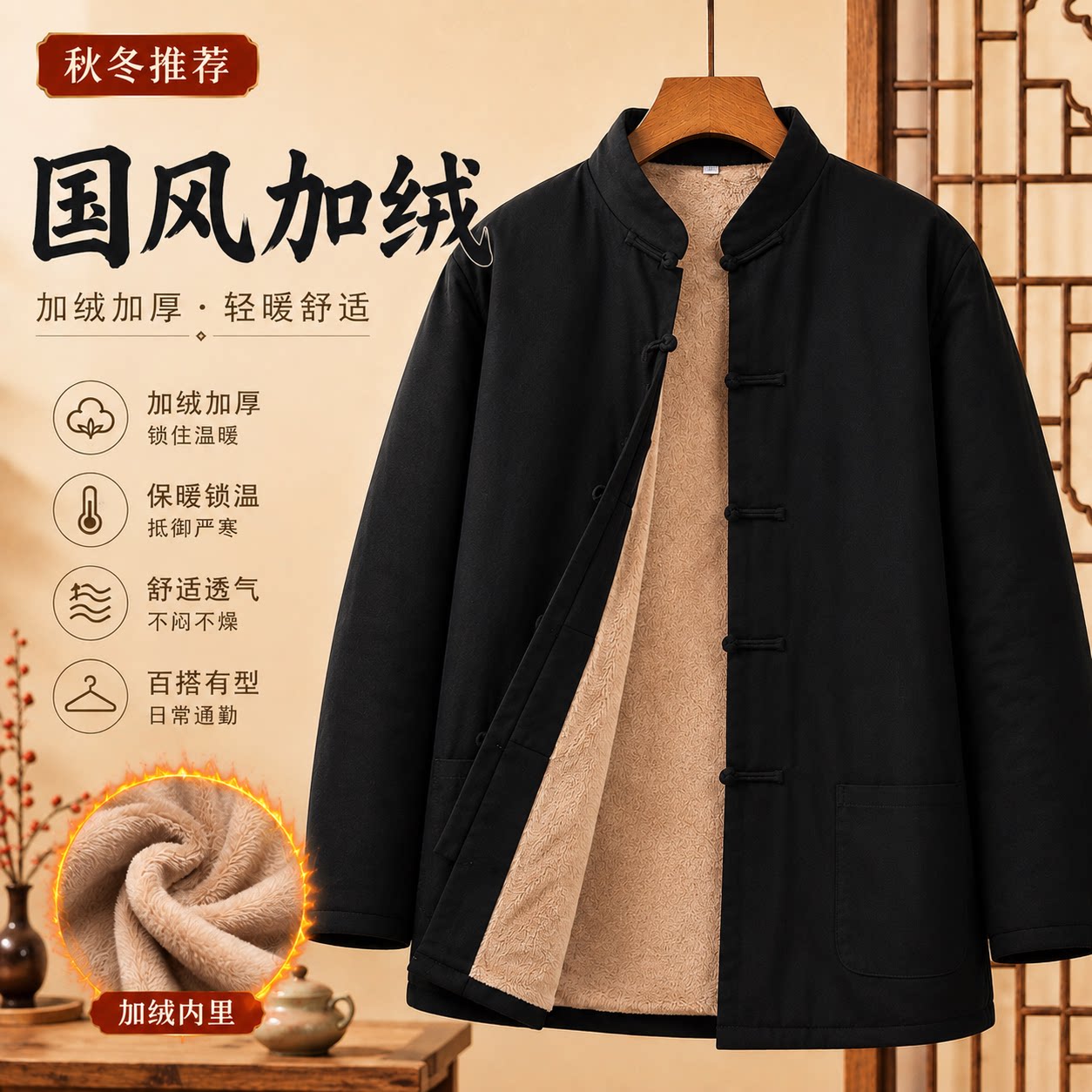 纯棉中国风唐装男装中老年加绒保暖棉衣秋冬休闲外套黑色长袖冬季