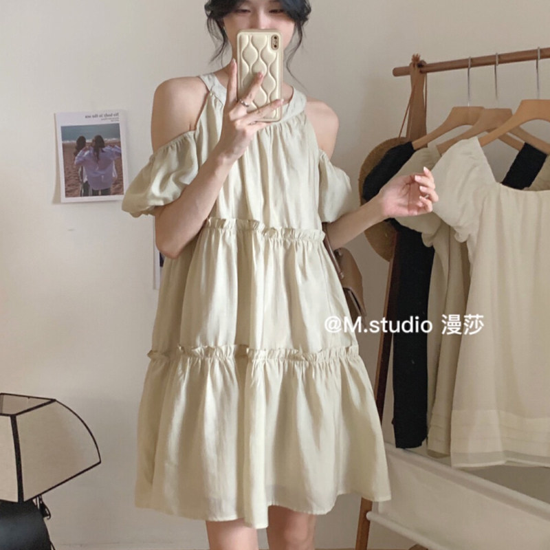 设计感纯欲露肩蛋糕连衣裙女夏季新款肌理感甜美气质仙女娃娃裙子