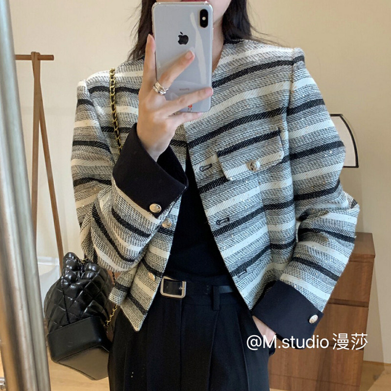 简约时尚条纹亮片小香风短外套女秋季新款设计感宽松百搭气质上衣