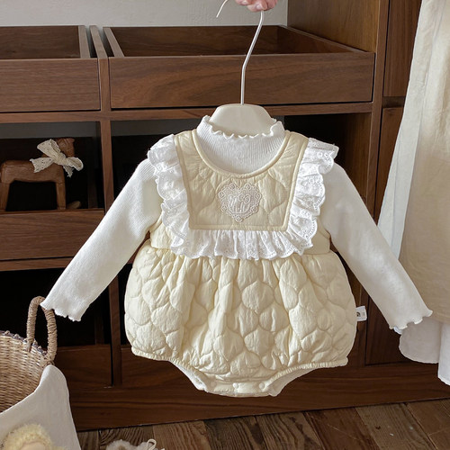 冬款女宝宝甜美无袖三角哈衣套装