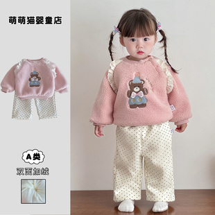 宝宝衣服冬季加绒可爱卫衣裤子女童秋冬套装卡通洋气棉服女宝冬装