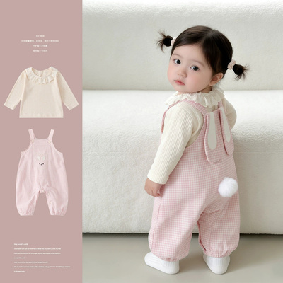 春秋款女宝宝卡通背带裤爬服套装