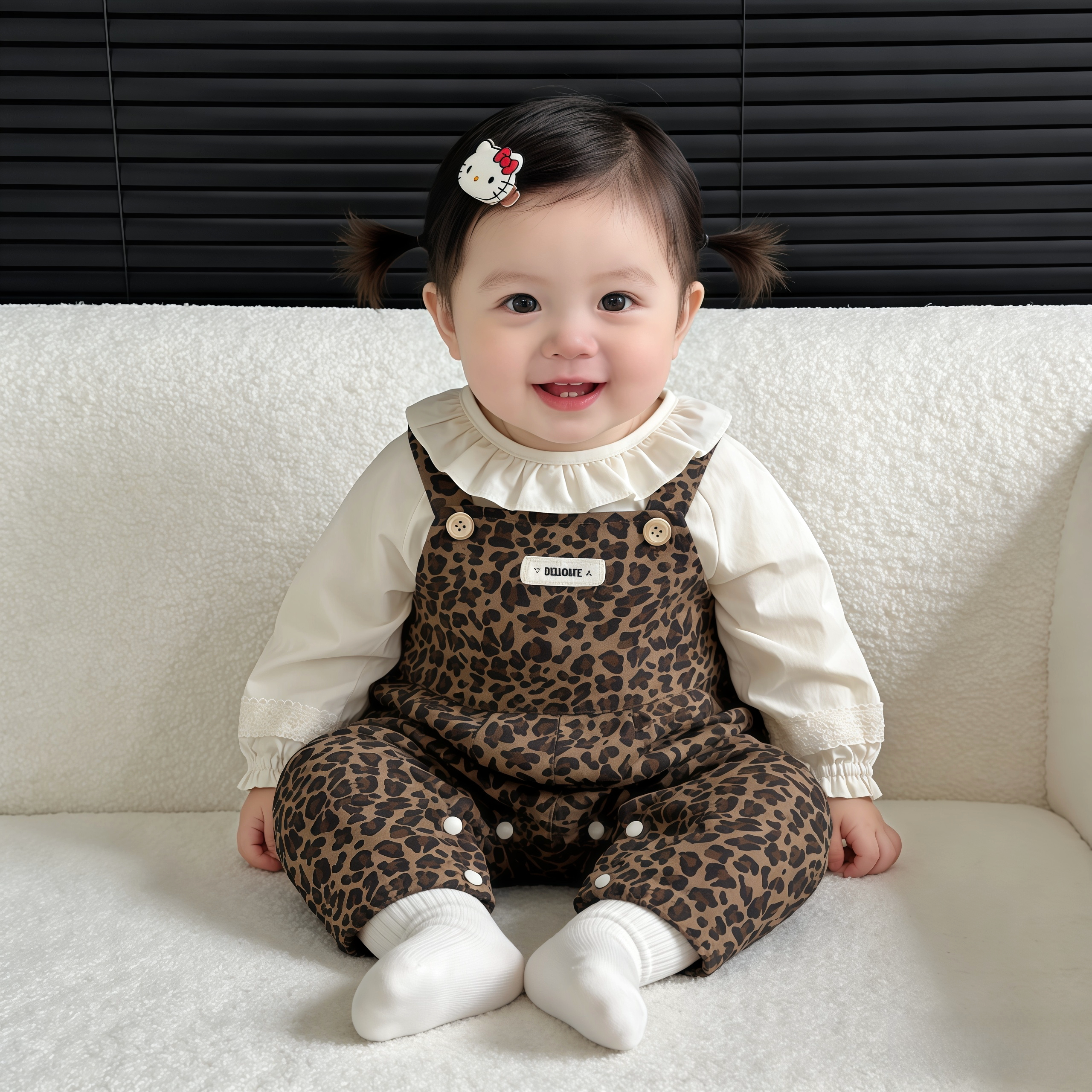 春款2026婴儿衣服超萌可爱背带裤豹纹连体裤套装洋气百搭T恤长袖