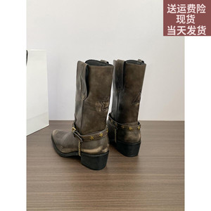羊皮版~做旧星星脏脏马丁靴女2024秋冬复古西部牛仔靴骑士靴短靴