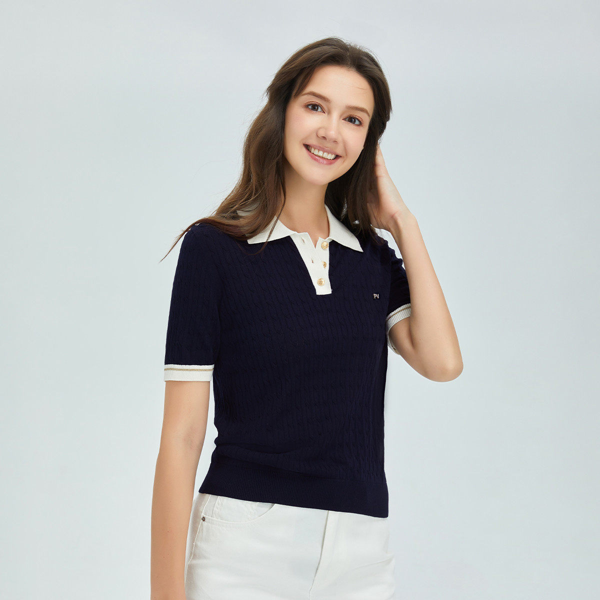 Polovillae/保罗威特翻领短袖针织衫女2025夏季新款撞色上衣