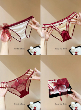 鸿运当头 本命红新婚备婚高级缎面水晶蕾丝性感三角内裤