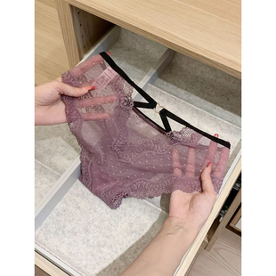 韵味绀紫 紫色御姐气质优雅镂空内裤 女透气网纱蕾丝边三角裤 新款