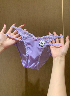 女式紫色蕾丝内裤女性感亮片原创腰带腿环细带网纱透视三角裤2025