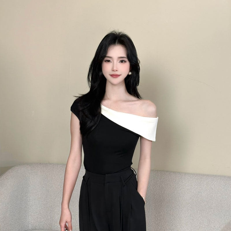 【露香肩】莱赛尔天丝拼色短袖T恤女2026新款打底衫上衣26122