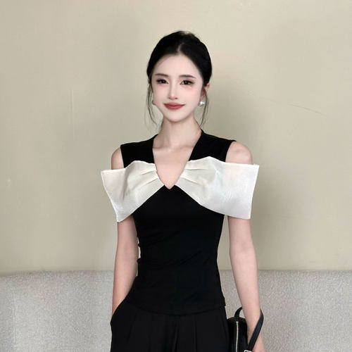 V领拼色短袖修身显瘦夏季新款女