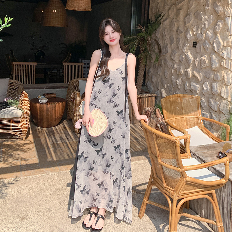 水墨画蝴蝶吊带连衣裙女夏法式慵连衣裙
