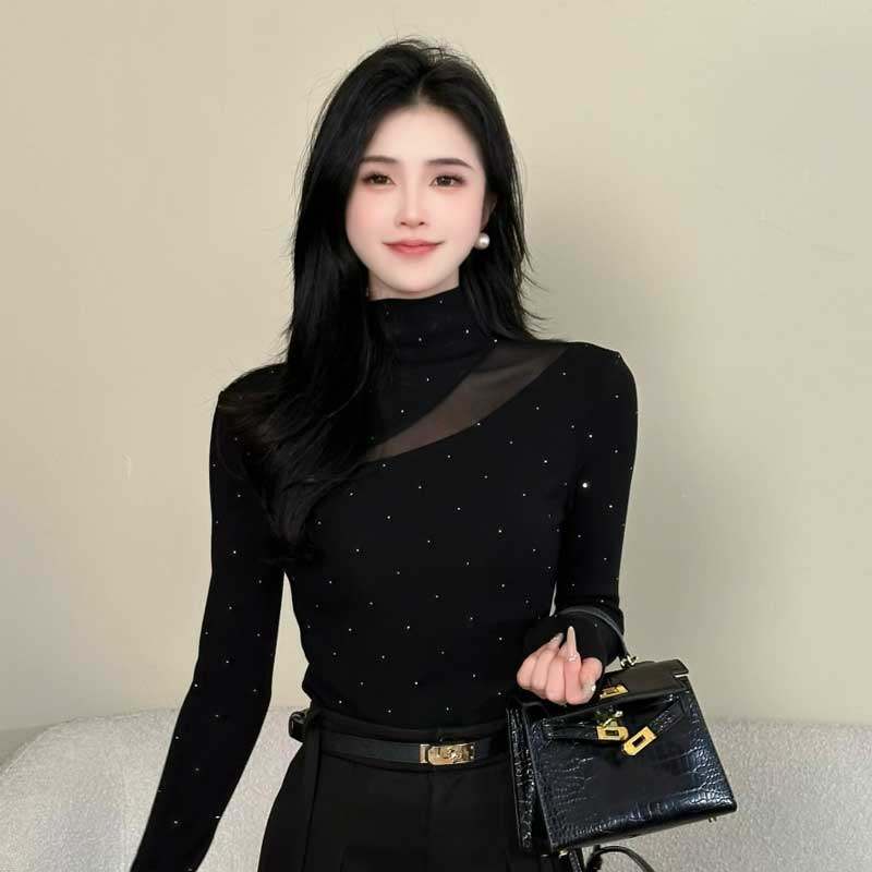 【满天星】新款带钻拼接长袖T恤女秋冬季打底衫上衣8906