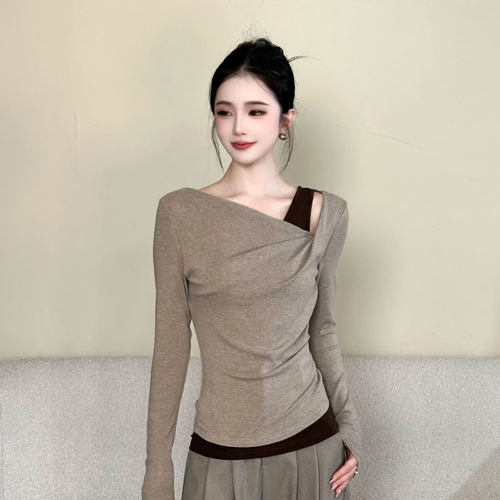 早秋长袖女假两件撞色设计感T恤2026新款修身打底衫棉质上衣26454