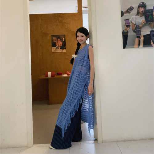 夏季镂空钩花中长款针织防晒罩衫女宽松开叉流苏叠穿背心裙外搭潮