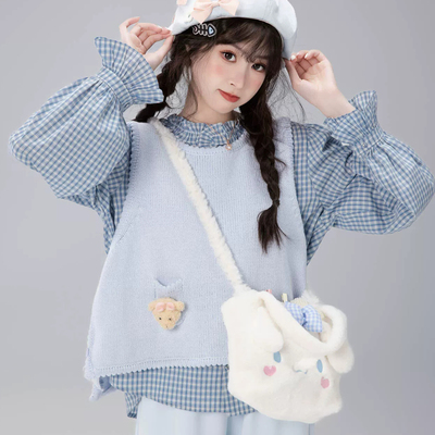 森系甜美可爱套装女装春秋小个子针织马甲背心叠穿格子衬衫两件套