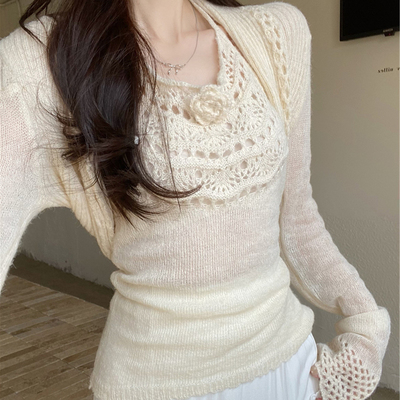 长袖镂空短款针织开衫女春季