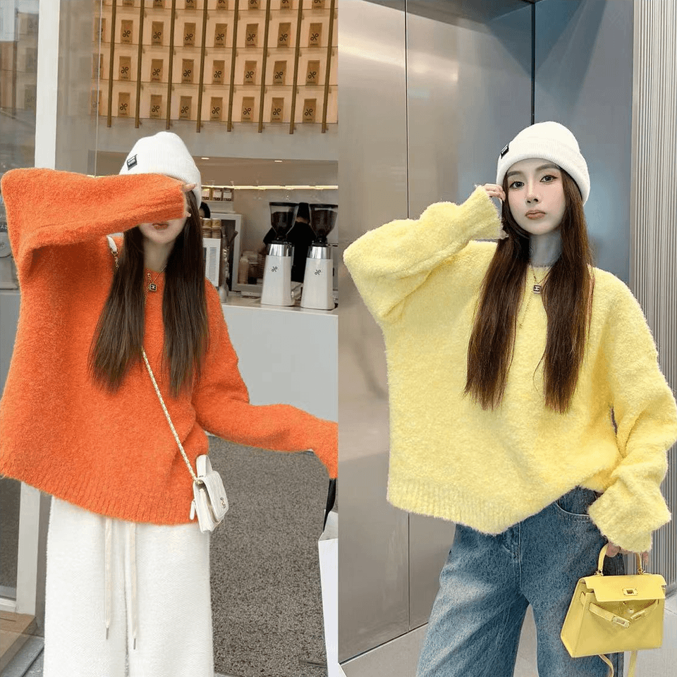 软糯圈圈纱宽松圆领毛衣外套女慵懒风黄色百搭保暖长袖套头针织衫,女装/女士精品,毛衣,淘宝优惠券,粉丝福利购,淘宝优惠卷