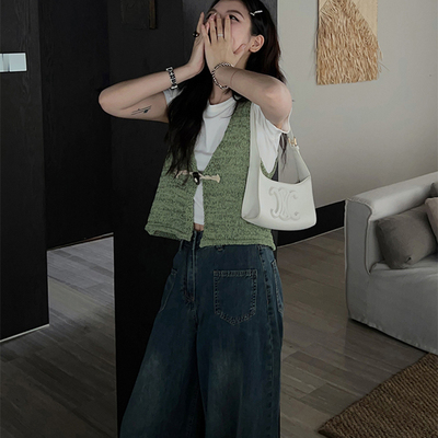 复古宽松v领针织小开衫马甲女夏薄款牛角扣无袖叠穿上衣背心外搭