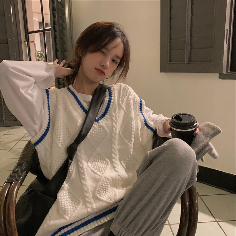 拼色V领麻花毛衣背心女2025秋季学院风马夹宽松百搭针织马甲外搭