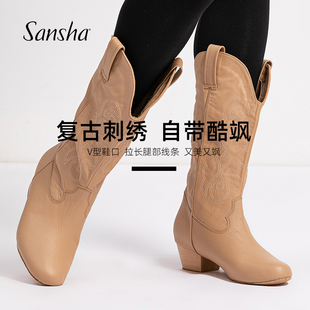 sansha 三沙舞蹈剧院靴 牛皮暗绣高筒角色靴中跟芭蕾舞表演靴子