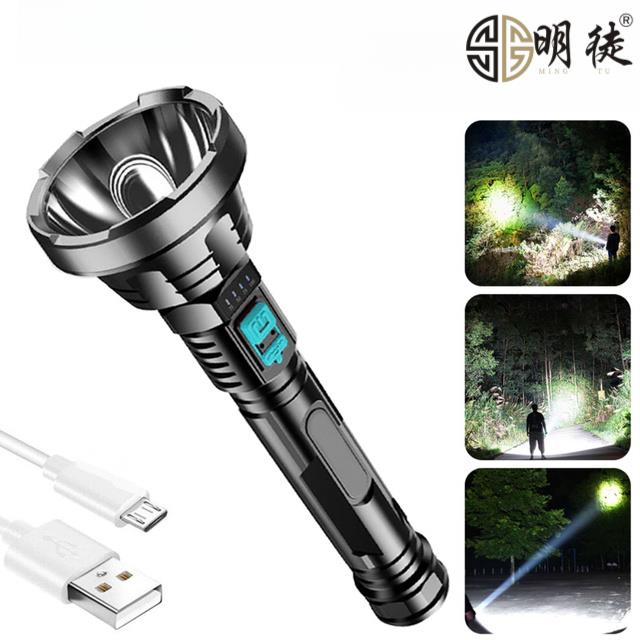跨境塑料强光手电筒USB充电led超亮远射家用户外手握试照明手电筒