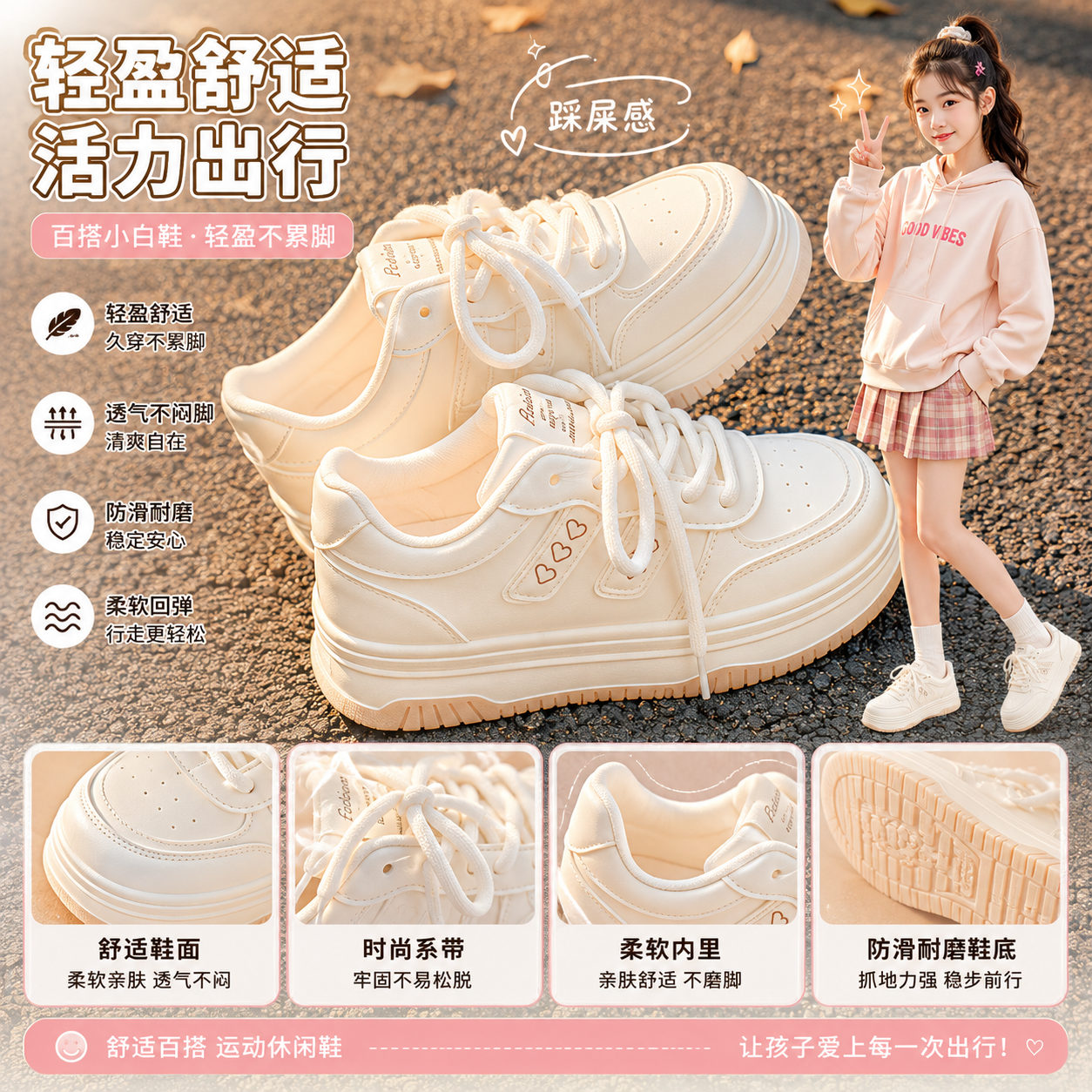 学生女童小白鞋厚底透气滑板鞋