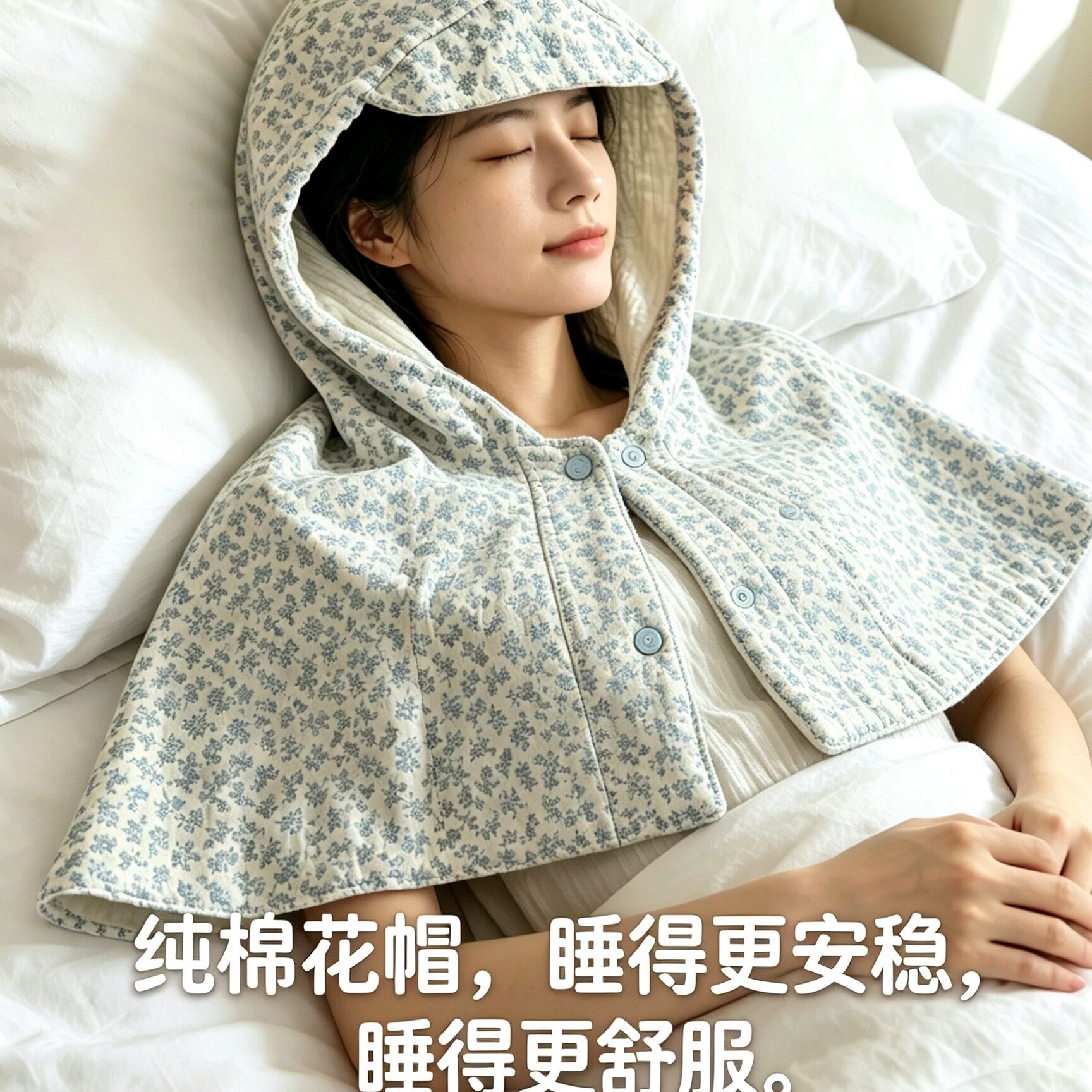 【中医推荐---纯棉花帽---护头护肩颈】升级版带披肩保暖睡眠女睡