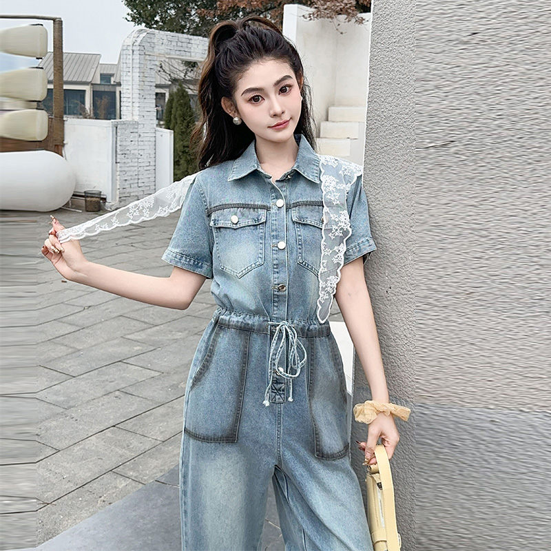 宛茜紗2025夏季新款高腰顯瘦直筒連體褲牛仔褲女寬松闊腿長褲子