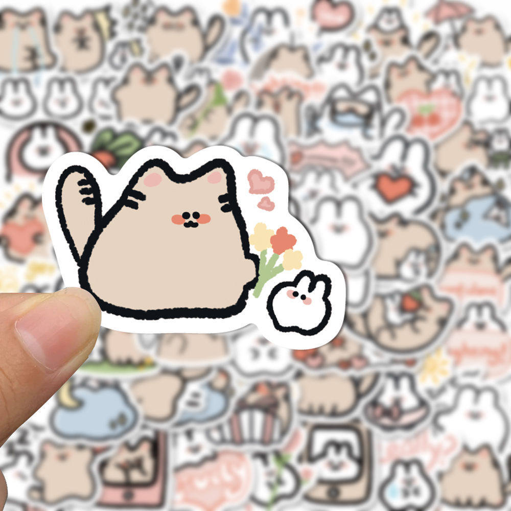 60张猫和兔可爱卡通贴纸精美手账贴电脑水杯装饰防水贴画