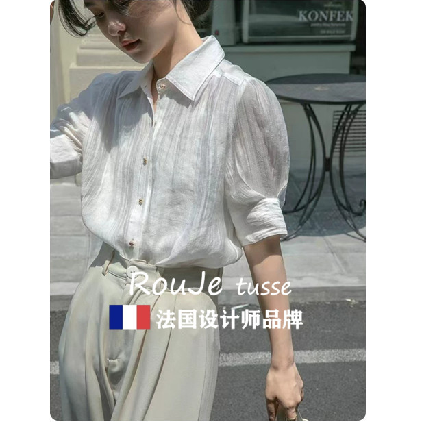 法国Rouje tusse欧货泡泡袖衬衫气质显瘦女翻领纯色短袖雪纺衬衫