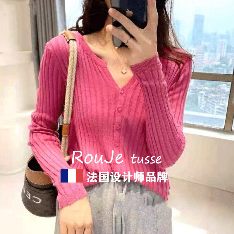 法国Rouje tusse气质V领修身条纹羊毛针织开衫薄款女短款羊绒毛衣