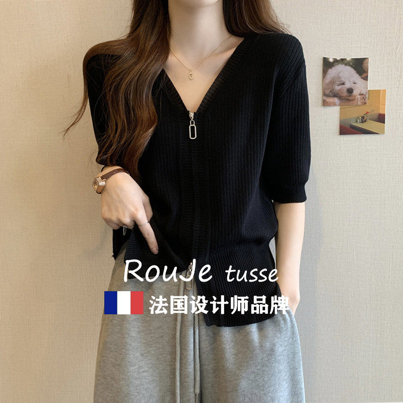 法国Rouje tusse韩版遮肚子冰丝短袖针织衫女胖mm拉链正肩打底衫