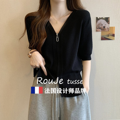 法国Rouje tusse韩版遮肚子冰丝短袖针织衫女胖mm拉链正肩打底衫