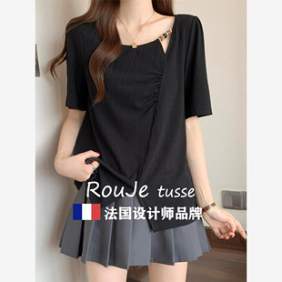 Rouje tusse大码 设计感不规则正肩t恤女夏胖mm显瘦百搭洋气针织衫