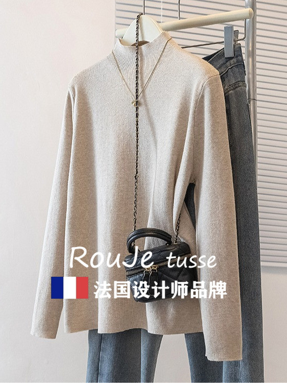 Rouje tusse半高领打底羊毛针织衫休闲羊绒毛衣胖mm显瘦内搭上衣