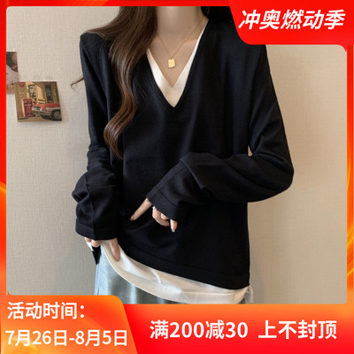 大码假两件V领长袖针织衫女春秋胖MM宽松遮肚内搭小众打底衫上衣