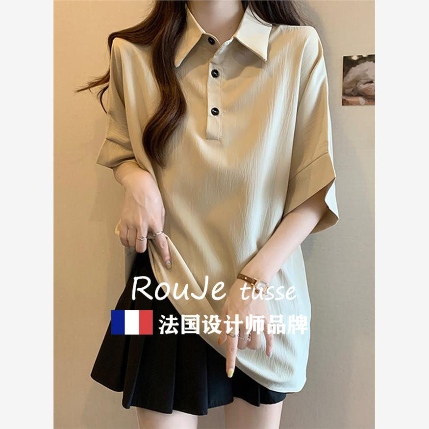 法国Rouje tusse大码遮肚子正肩POLO领短袖衬衫女T恤慵懒风上衣夏