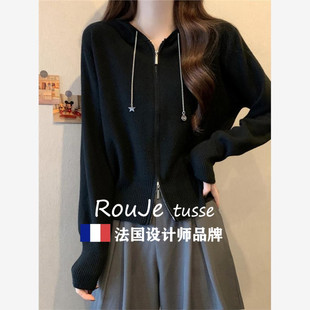 Rouje tusse黑色双拉链别致羊毛针织开衫女大码显瘦连帽羊绒毛衣