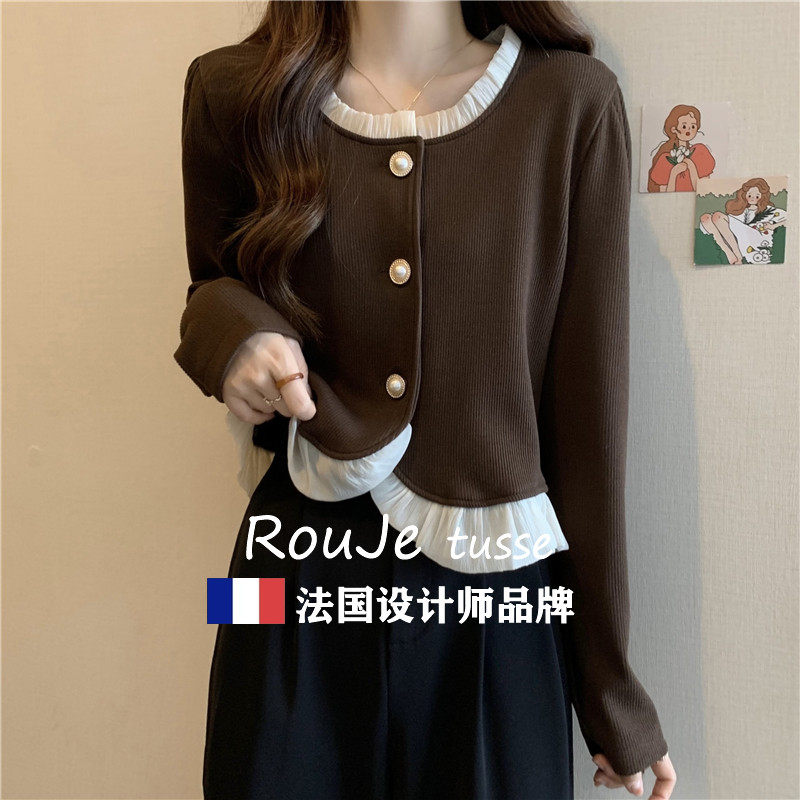 Rouje tusse大码遮肚子蕾丝拼接长袖秋季胖妹妹显瘦百搭开衫衬衫